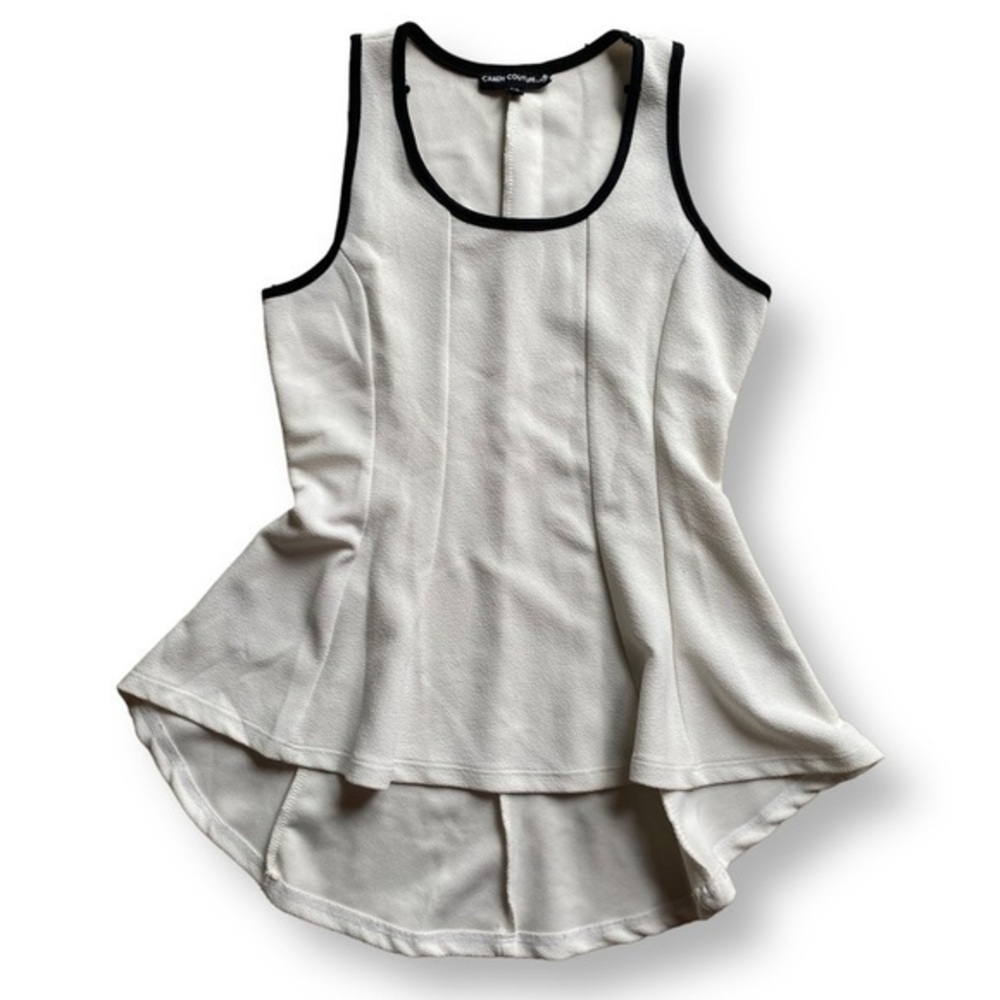 White & black peplum fit flair high low tank top